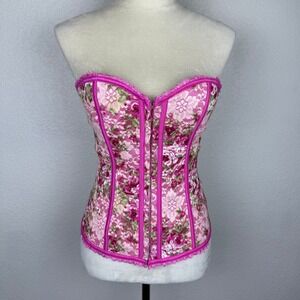 Y2K Oh Yes Floral Lace Corset Bustier Top Pink Boned Hook Eye Lingerie Top